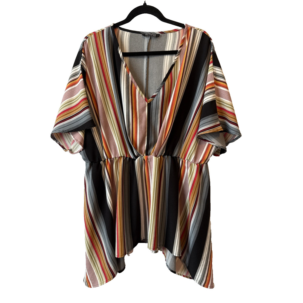 Bloomchic Plus Size Women's 22/24 Retro Stripe V Neck Peplum Asymmetric Tunic‎
